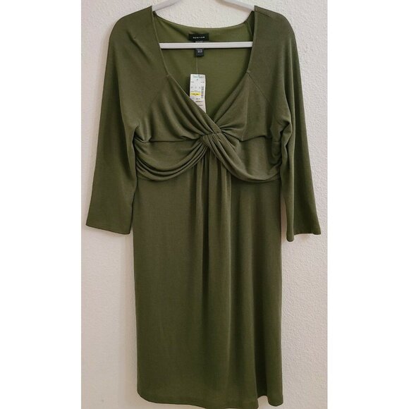 Spense Green Knotted V-Neck Long Sleeve Fit & Flare Stretch Dress sz XL New - Picture 1 of 6